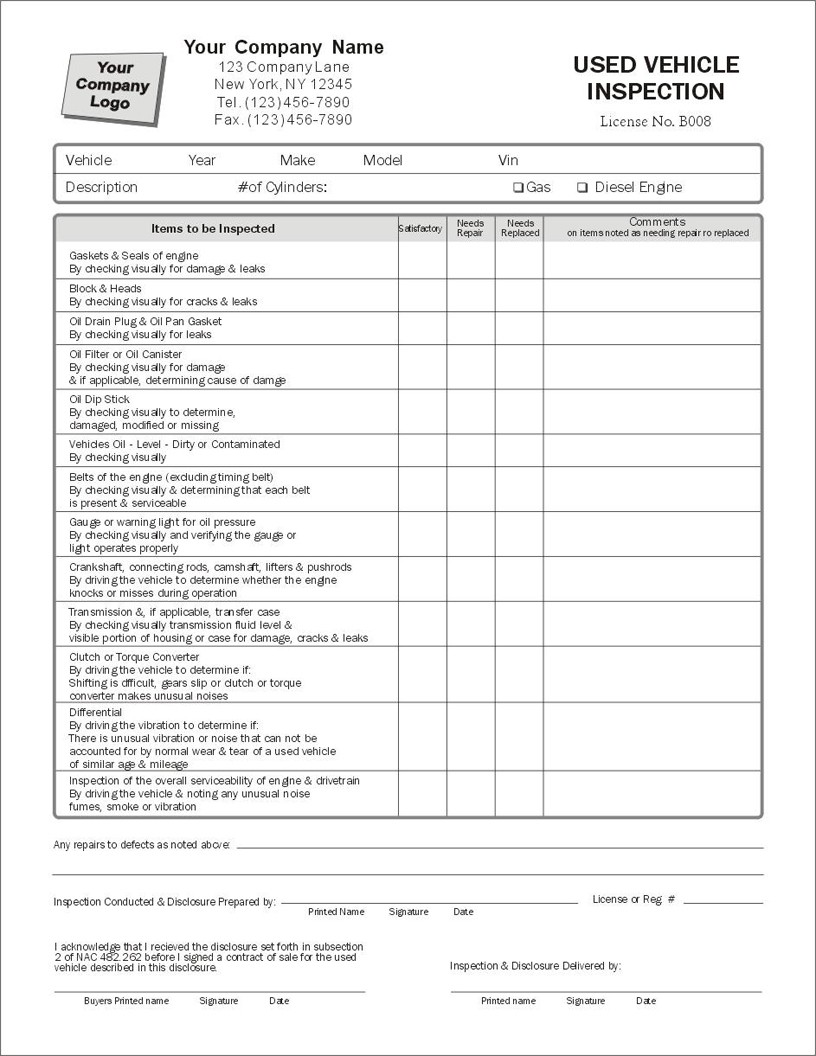 Used Vehicle Inspection Form, Item 7802 Condition Report Forms
